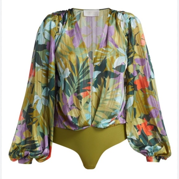 BRONX AND BANCO Tropics Bodysuit | US 8/L | Balloon Sleeve | Green Multi - Picture 2 of 14